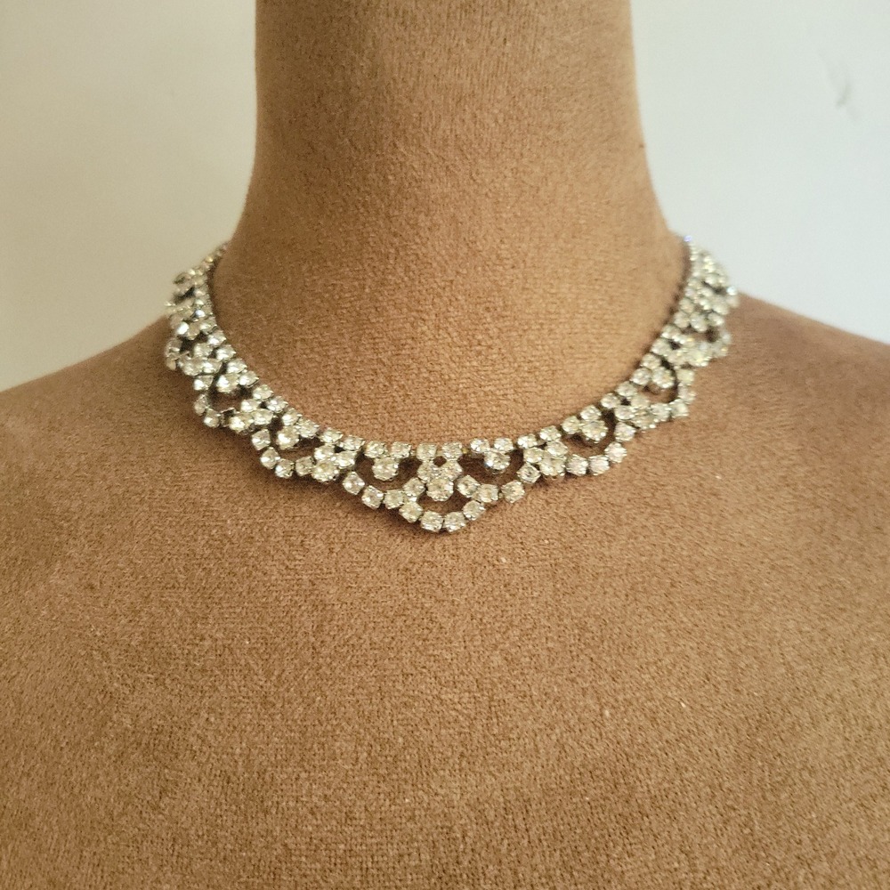 PCI Vintage Silver Tone Clear Rhinestone Choker Necklace 15 Inch Old Hollywood